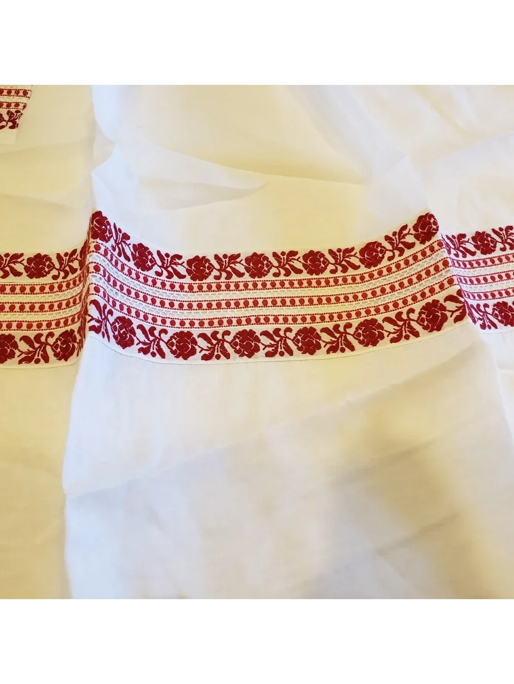 Vintage Chiffon Apron Red Woven Ribbon Lace Accents Pocket Kitsch Organdy